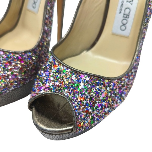 Jimmy Choo Multicolor Glitter Vibe Leather Peep Toe Platform Pumps 37.5 - Picture 7 of 11